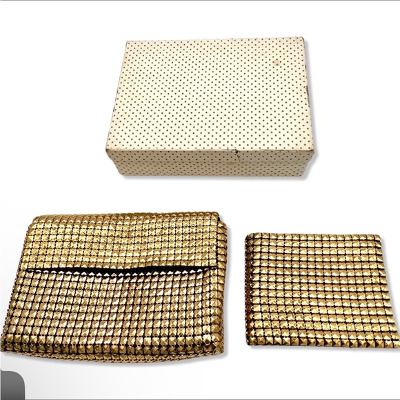 Fabulous 1950s gold metal link clutch with matching wallet in original box